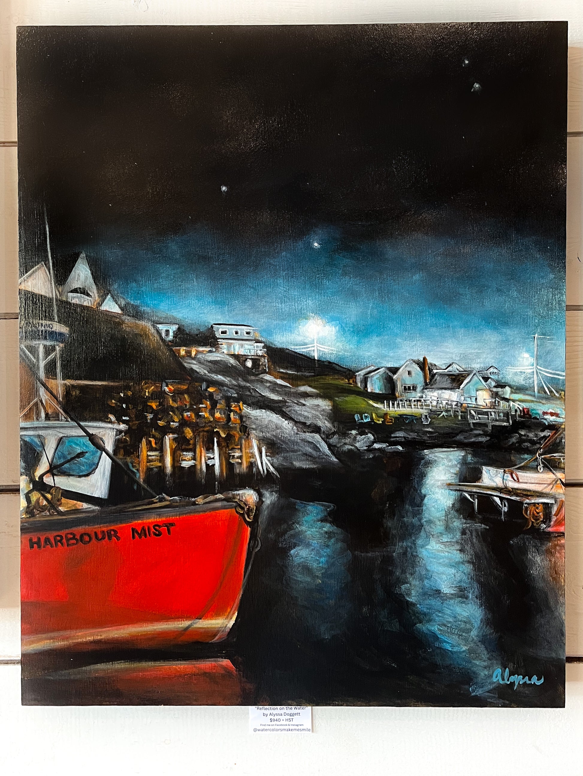 Acrylic painting on 16x20 birch gallery panel of the Harbour Mist fishing boat docked in Peggy's Cove Fishing village on a dark autumn night with glowing reflections on the water and in the hazy sky. 