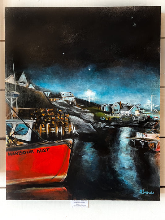 Acrylic painting on 16x20 birch gallery panel of the Harbour Mist fishing boat docked in Peggy's Cove Fishing village on a dark autumn night with glowing reflections on the water and in the hazy sky. 